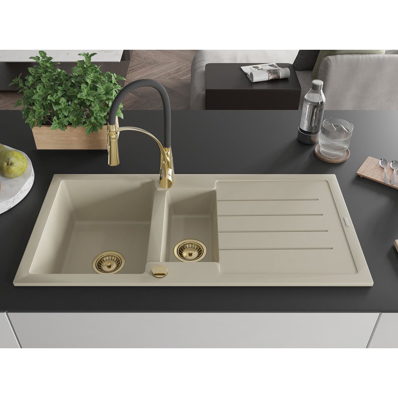 Mexen Andres Granitspüle 1,5-Becken mit Abtropffläche und Küchenarmatur Aster, beige - 6515-69-73450-57-G