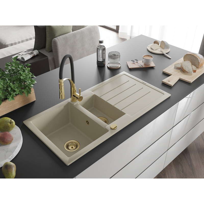 Mexen Andres Granit-Spülbecken 1,5-fach mit Abtropffläche und Küchenarmatur Aster, beige - 6515-69-73450-57-G