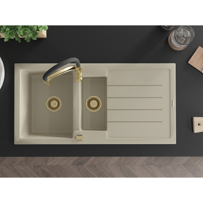 Mexen Andres Granitspüle 1,5-fach mit Abtropffläche und Küchenarmatur Aster, beige - 6515-69-73450-57-G