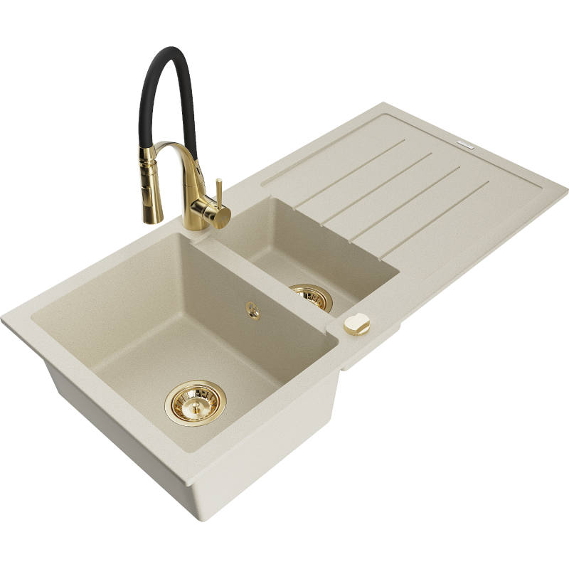 Mexen Andres Granitspüle 1,5-Becken mit Abtropffläche und Küchenarmatur Aster, beige - 6515-69-73450-57-G
