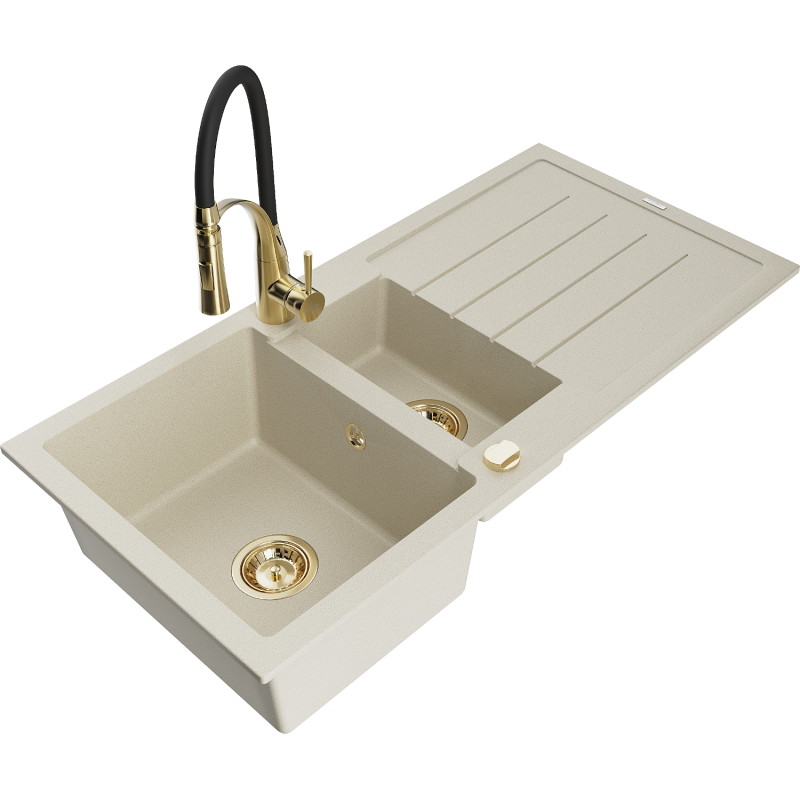 Mexen Andres Granitspüle 1,5-fach mit Abtropffläche und Küchenarmatur Aster, beige - 6515-69-73450-57-G