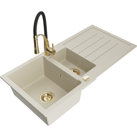 Mexen Andres Granitspüle 1,5-Becken mit Abtropffläche und Küchenarmatur Aster, beige - 6515-69-73450-57-G