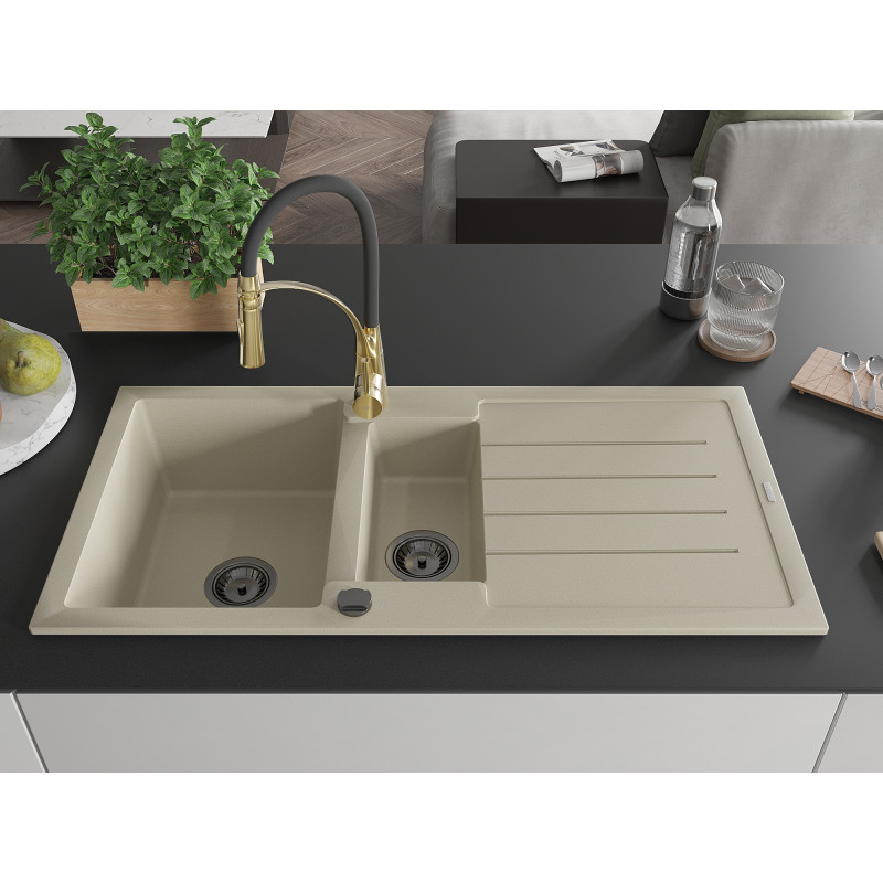 Mexen Andres Granitspüle 1,5-beckig mit Abtropffläche und Küchenarmatur Aster, beige - 6515-69-73450-57-B