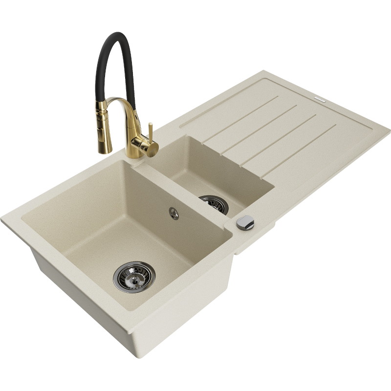 Mexen Andres Granitspüle 1,5-Becken mit Abtropffläche und Küchenarmatur Aster, beige - 6515-69-73450-57-B