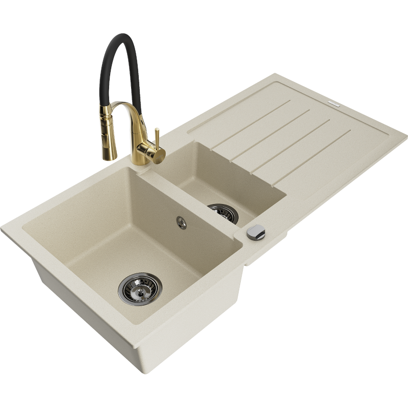 Mexen Andres Granitspüle 1,5-beckig mit Abtropffläche und Küchenarmatur Aster, beige - 6515-69-73450-57-B