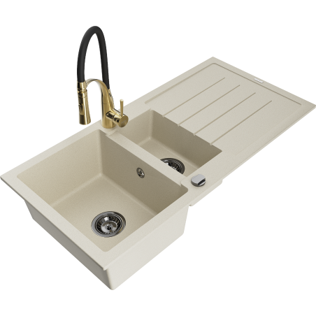 Mexen Andres Granitspüle 1,5-beckig mit Abtropffläche und Küchenarmatur Aster, beige - 6515-69-73450-57-B