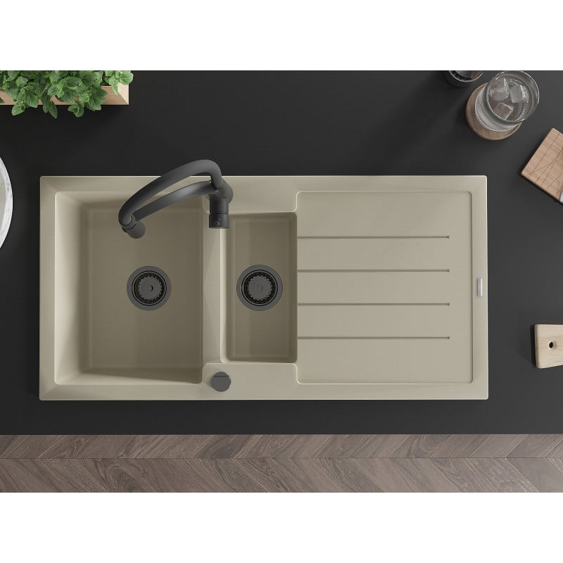 Mexen Andres Granitspüle 1,5-Becken mit Abtropffläche und Küchenarmatur Aster, beige - 6515-69-73450-70-B