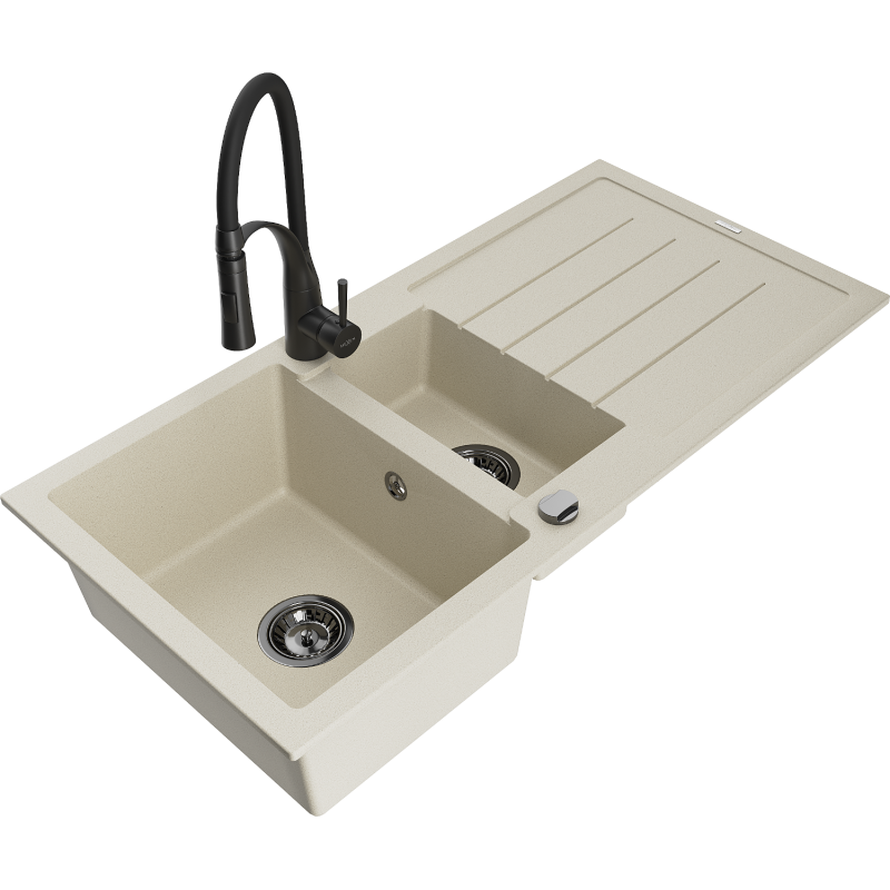 Mexen Andres Granitspüle 1,5-Becken mit Abtropffläche und Küchenarmatur Aster, beige - 6515-69-73450-70-B
