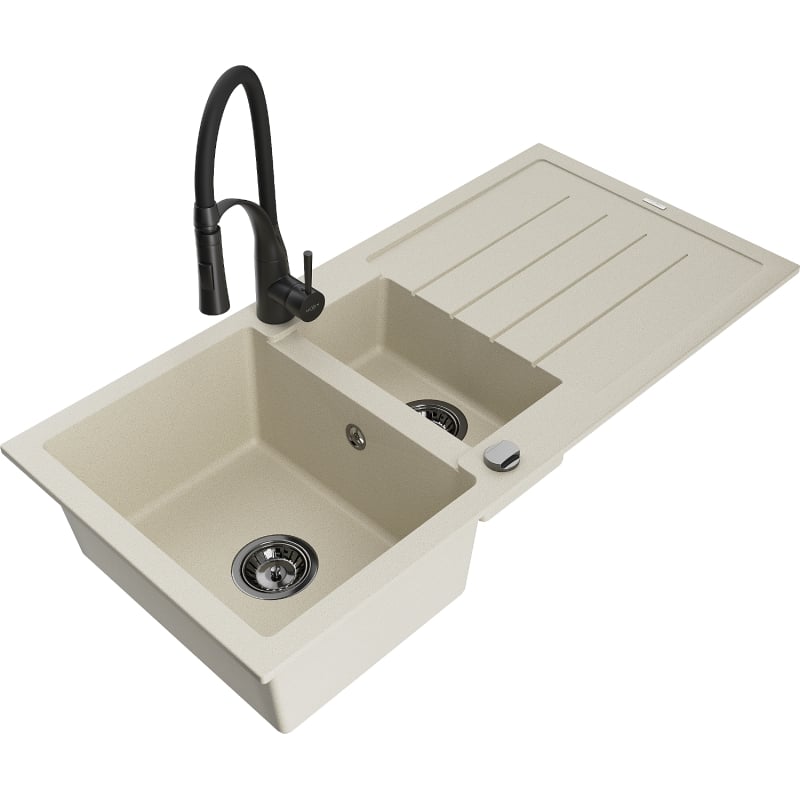 Mexen Andres Granitspüle 1,5-beckig mit Abtropffläche und Küchenarmatur Aster, beige - 6515-69-73450-70-B
