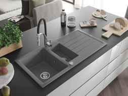 Mexen Andres Granitspüle 1,5-Becken mit Abtropffläche und Küchenarmatur Aster, grau - 6515-71-73450-07