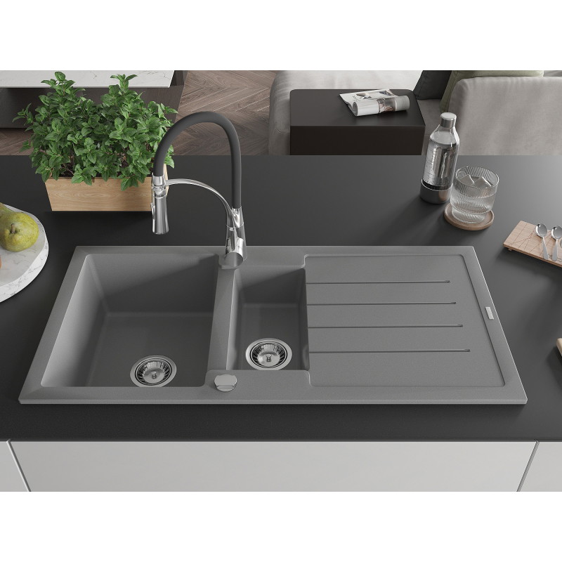 Mexen Andres Granitspüle 1,5-Becken mit Abtropffläche und Küchenarmatur Aster, grau - 6515-71-73450-07