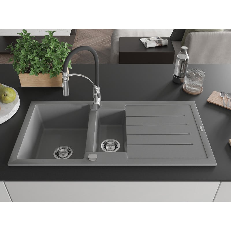 Mexen Andres Granitspüle 1,5-fach mit Abtropffläche und Küchenarmatur Aster, grau - 6515-71-73450-07
