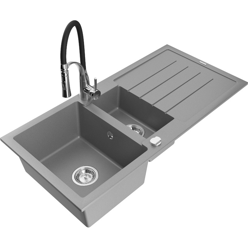 Mexen Andres 1,5-Kammer Granitspüle mit Abtropffläche und Küchenarmatur Aster, grau - 6515-71-73450-07