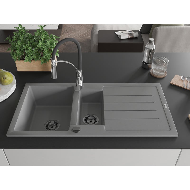 Mexen Andres Granitspüle 1,5-Becken mit Abtropffläche und Küchenarmatur Aster, grau - 6515-71-73450-07-B