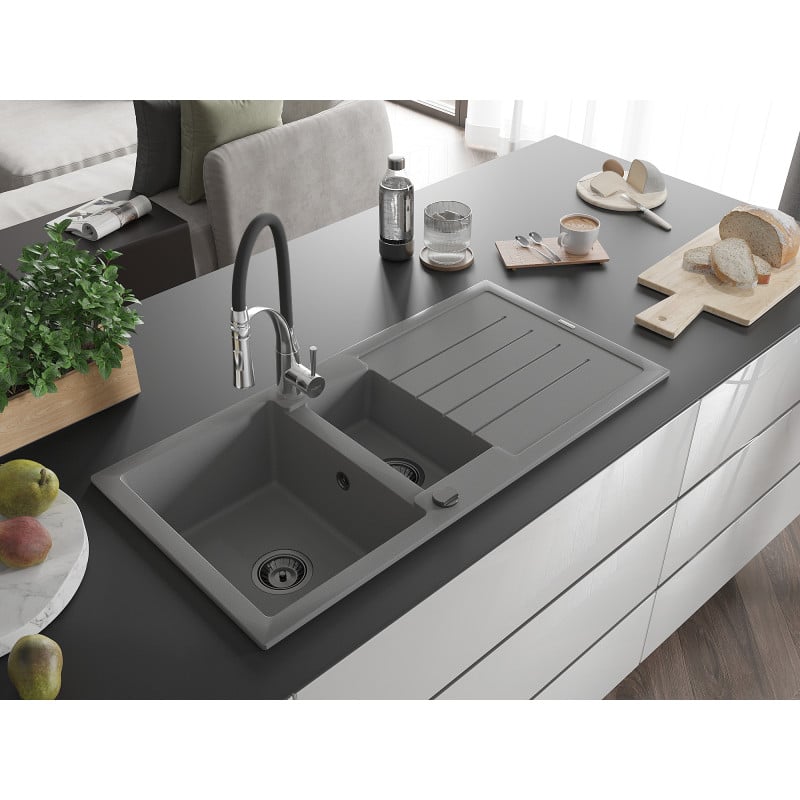 Mexen Andres Granitspüle 1,5-Becken mit Abtropffläche und Küchenarmatur Aster, grau - 6515-71-73450-07-B