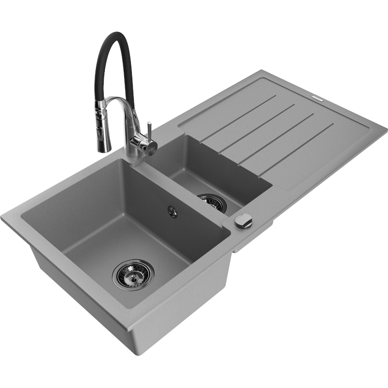 Mexen Andres Granitspüle 1,5-Becken mit Abtropffläche und Küchenarmatur Aster, grau - 6515-71-73450-07-B