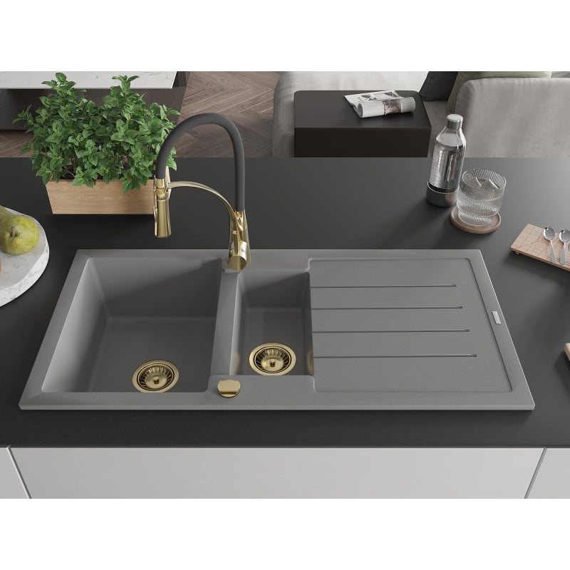 Mexen Andres Granitspüle 1,5-becken mit Abtropffläche und Küchenarmatur Aster, grau - 6515-71-73450-57-G
