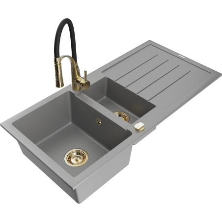 Mexen Andres Granitspüle 1,5-becken mit Abtropffläche und Küchenarmatur Aster, grau - 6515-71-73450-57-G