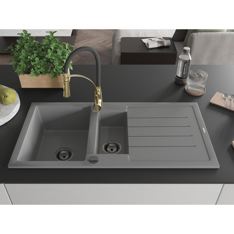 Mexen Andres Granitspüle 1,5-Becken mit Abtropffläche und Küchenarmatur Aster, grau - 6515-71-73450-57-B