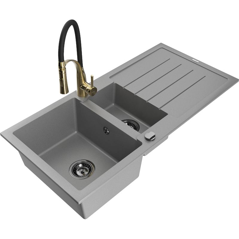 Mexen Andres Granitspüle 1,5-Becken mit Abtropffläche und Küchenarmatur Aster, grau - 6515-71-73450-57-B