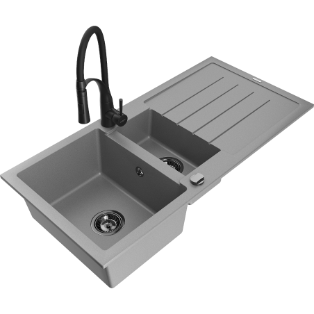 Mexen Andres granitspüle 1,5-becken mit abtropffläche und küchenarmatur Aster, grau - 6515-71-73450-70-B
