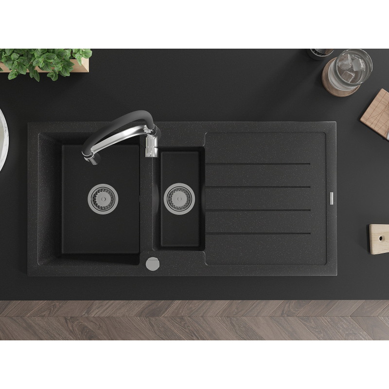 Mexen Andres Granitspüle 1,5-Becken mit Abtropffläche und Küchenarmatur Aster, schwarz/silber Metallic - 6515-73-73450-07