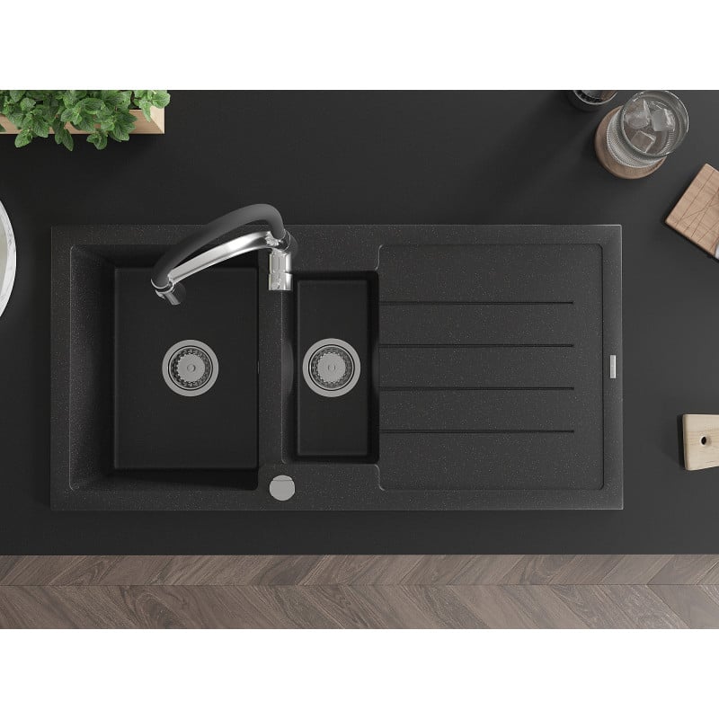 Mexen Andres Granitspüle 1,5-fach mit Abtropffläche und Küchenarmatur Aster, schwarz/silber metallic - 6515-73-73450-07