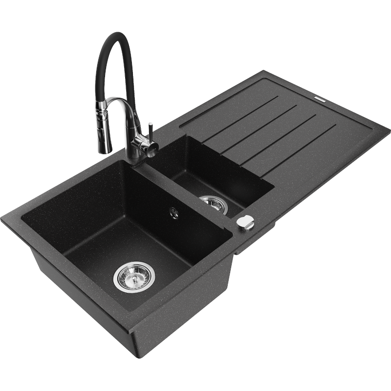 Mexen Andres Granitspüle 1,5-fach mit Abtropffläche und Küchenarmatur Aster, schwarz/silber metallic - 6515-73-73450-07