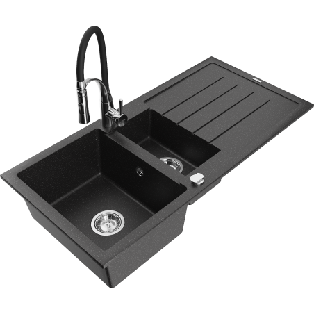 Mexen Andres Granitspüle 1,5-beckig mit Abtropffläche und Küchenarmatur Aster, schwarz/silber metallic - 6515-73-73450-07