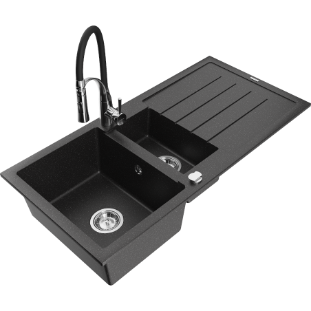 Mexen Andres Granitspüle 1,5-fach mit Abtropffläche und Küchenarmatur Aster, schwarz/silber metallic - 6515-73-73450-07