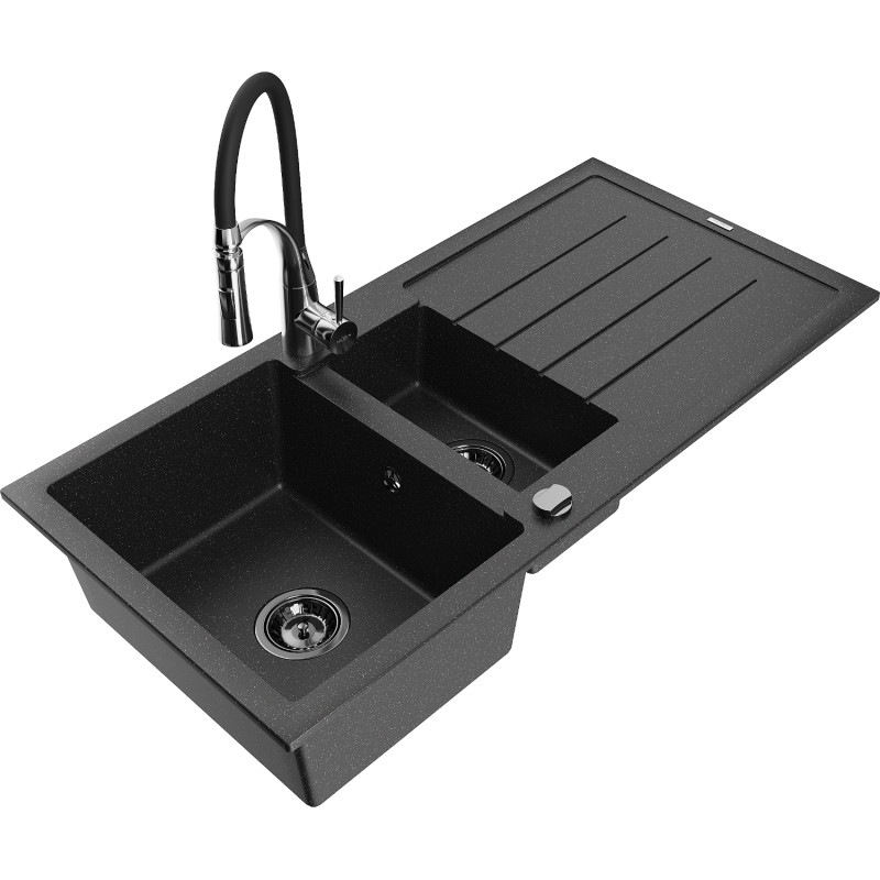 Mexen Andres Granitspüle 1,5-beckig mit Abtropffläche und Küchenarmatur Aster, schwarz/silber - 6515-73-73450-07-B