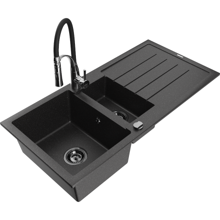 Mexen Andres 1,5-Kammer-Granitatenspüle mit Abtropffläche und Küchenarmatur Aster, schwarz/silber - 6515-73-73450-07-B