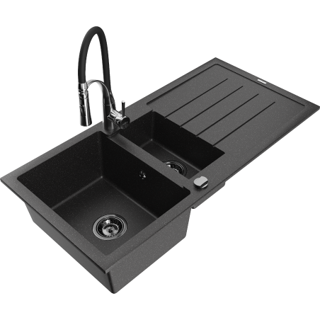 Mexen Andres Granitspüle 1,5-Becken mit Abtropffläche und Küchenarmatur Aster, schwarz/silber - 6515-73-73450-07-B