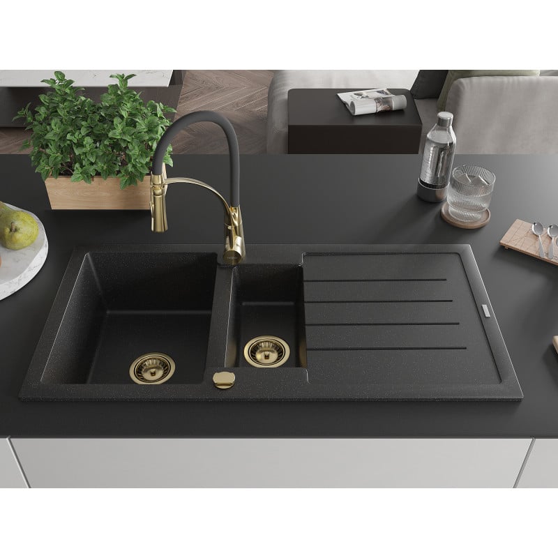 Mexen Andres Granitspüle 1,5-Kammer mit Abtropffläche und Küchenarmatur Aster, schwarz/silber - 6515-73-73450-57-G