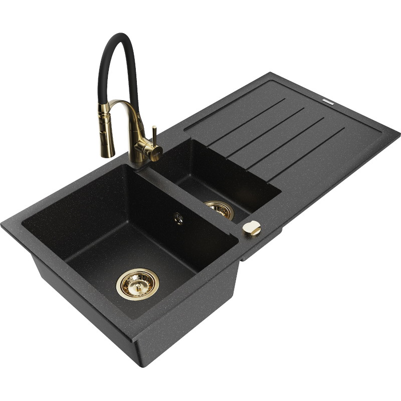 Mexen Andres granitspüle 1,5-becken mit abtropffläche und küchenarmatur Aster, schwarz/silber - 6515-73-73450-57-G