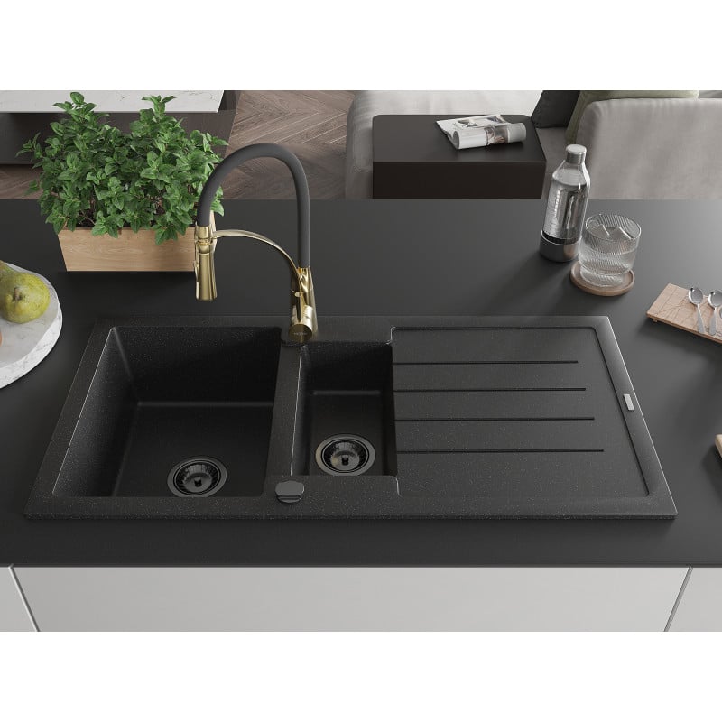 Mexen Andres Granitspüle 1,5-becken mit Abtropffläche und Küchenarmatur Aster, schwarz/silber - 6515-73-73450-57-B