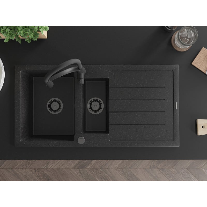 Mexen Andres Granitspüle 1,5-Becken mit Abtropffläche und Küchenarmatur Aster, schwarz/silber - 6515-73-73450-70-B