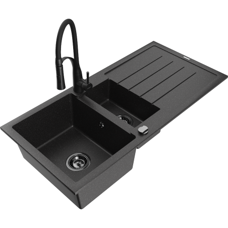 Mexen Andres Granitspüle 1,5-Becken mit Abtropffläche und Küchenarmatur Aster, schwarz/silber - 6515-73-73450-70-B