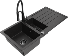 Mexen Andres Granitspüle 1,5-Becken mit Abtropffläche und Küchenarmatur Aster, schwarz/silber - 6515-73-73450-70-B