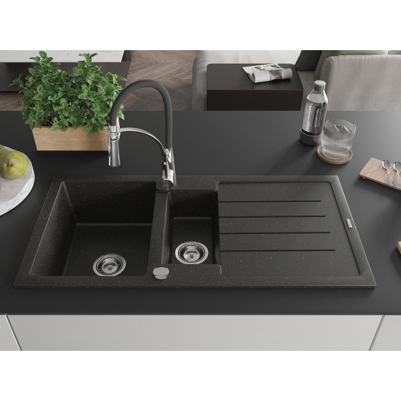 Mexen Andres Granitspüle 1,5-becken mit Abtropffläche und Küchenarmatur Aster, Schwarz/Gold Metallic - 6515-75-73450-07
