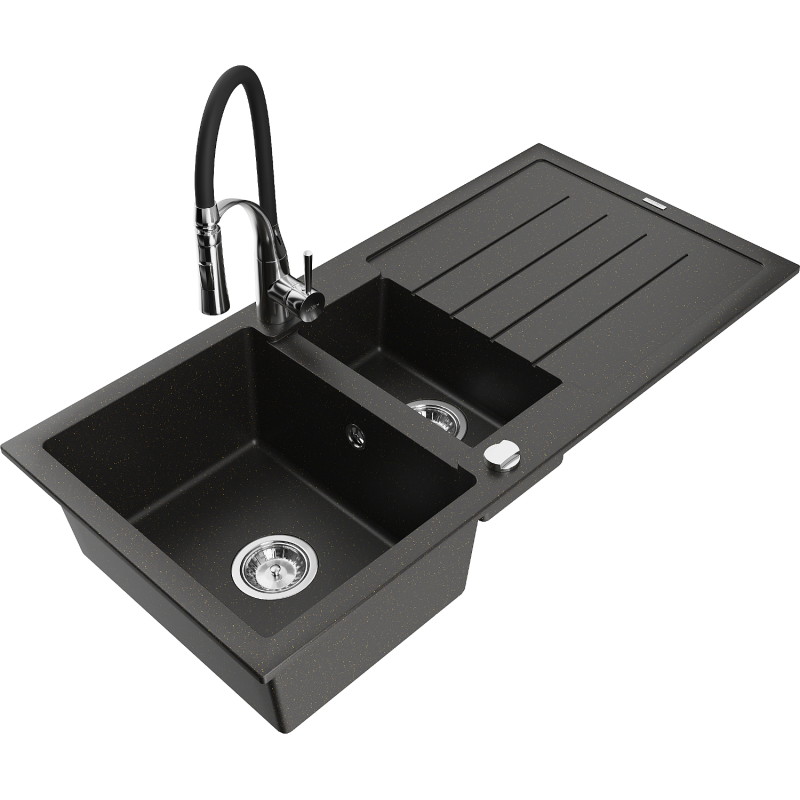 Mexen Andres granitspüle 1,5-becken mit abtropffläche und küchenarmatur Aster, schwarz/goldmetallik - 6515-75-73450-07