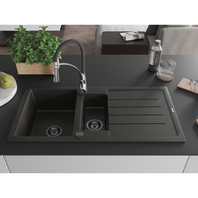 Mexen Andres Granitspüle 1,5-Kammer mit Abtropffläche und Küchenarmatur Aster, schwarz/goldener Metallic - 6515-75-73450-07-B