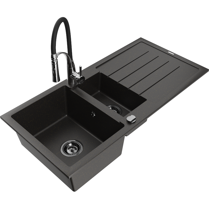 Mexen Andres Granitspüle 1,5-Kammer mit Abtropffläche und Küchenarmatur Aster, schwarz/goldener Metallic - 6515-75-73450-07-B
