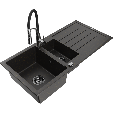 Mexen Andres Granitspüle 1,5-Kammer mit Abtropffläche und Küchenarmatur Aster, schwarz/goldener Metallic - 6515-75-73450-07-B