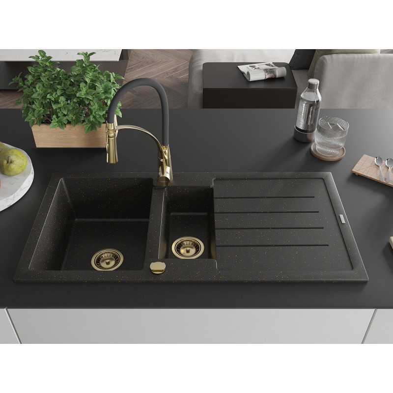 Mexen Andres Granitspüle 1,5-Becken mit Abtropffläche und Küchenarmatur Aster, schwarz/gold metallic - 6515-75-73450-57-G