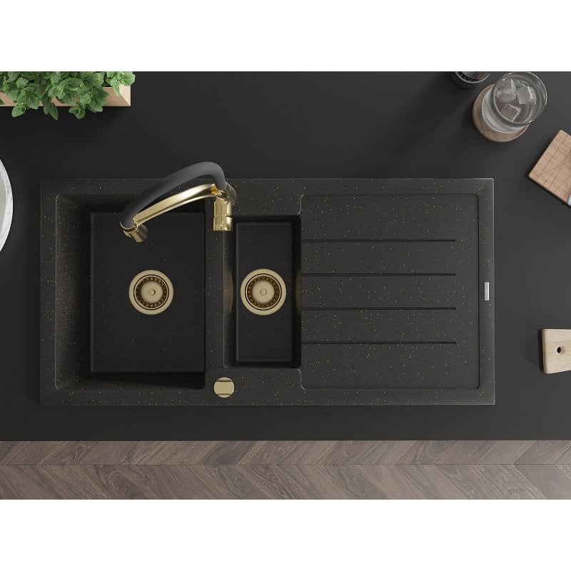 Mexen Andres Granitspüle 1,5-Becken mit Abtropffläche und Küchenarmatur Aster, schwarz/gold metallic - 6515-75-73450-57-G