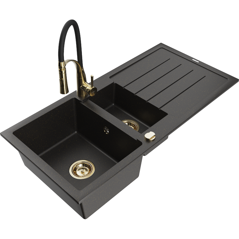 Mexen Andres Granitspüle 1,5-Becken mit Abtropffläche und Küchenarmatur Aster, schwarz/gold metallic - 6515-75-73450-57-G