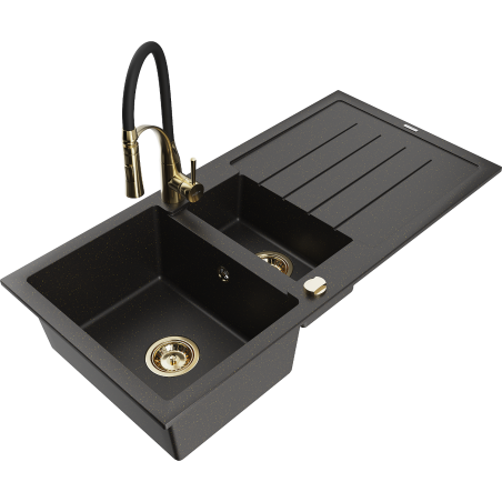 Mexen Andres Granitspüle 1,5-Becken mit Abtropffläche und Küchenarmatur Aster, schwarz/gold metallic - 6515-75-73450-57-G