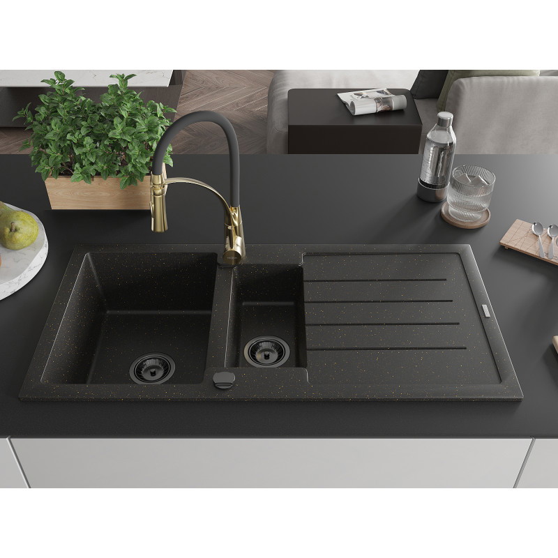 Mexen Andres Granitspüle 1,5-Becken mit Abtropffläche und Küchenarmatur Aster, schwarz/gold metallisch - 6515-75-73450-57-B