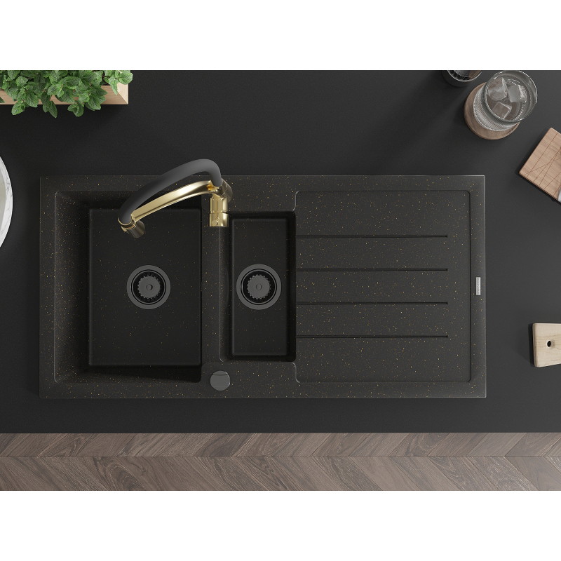 Mexen Andres 1,5-fachiger Granitspülbecken mit Abtropffläche und Küchenarmatur Aster, schwarz/gold metallic